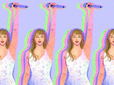 Illustration of Taylor Swift holding a microphone above her head.