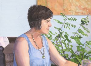 Painting of a woman in a blue top by Linda Kooluris Dobbs